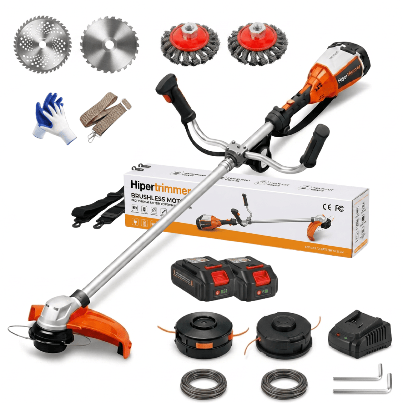 Contenuto completo della confezione HyperTrimmer 3000: corpo macchina, 2 batterie 60V agli ioni di litio, caricabatterie rapido, 3 teste di taglio (filo, lama, disco), cintura ergonomica, guanti, occhiali e manuale